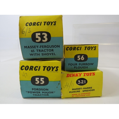 1611 - Three Boxed Corgi Die Cast Agricultural Models. All boxed, Light playworn,  Plus a Dinky 321 Manure ... 