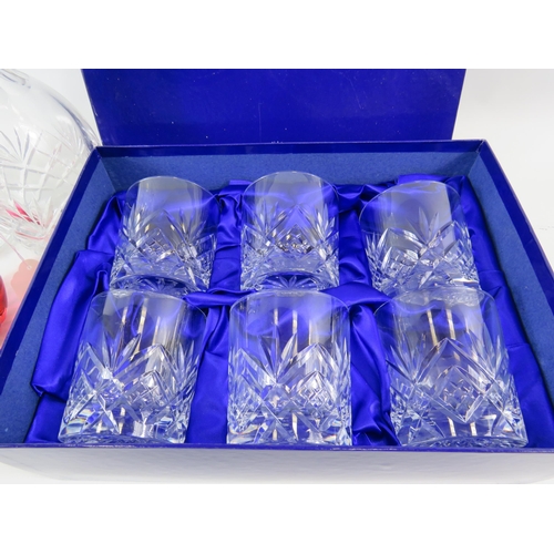 Set of 6 Royal Doulton whiskey glasses, 2 Crystal glass decanters and a ...