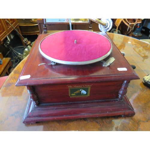 67A - Replica of a vintage HMV wind up turntable in working order with large brass trumpet shaped speaker.... 