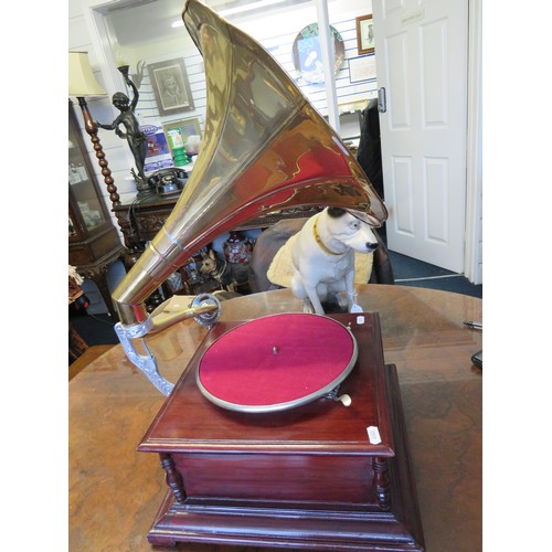 67A - Replica of a vintage HMV wind up turntable in working order with large brass trumpet shaped speaker.... 