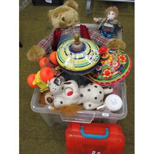 1746 - Large Box of assorted toys to include spinning tops, soft toys etc . See photos.