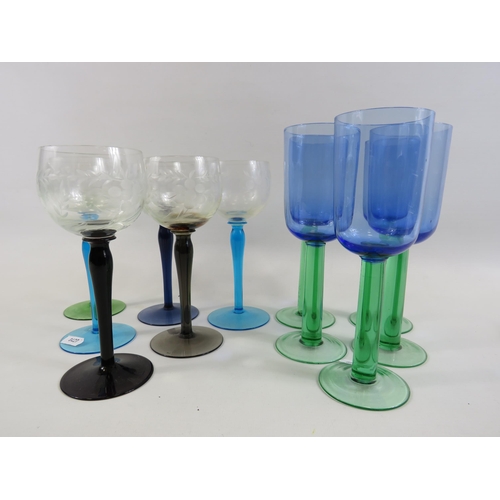 209 - 6 Bohemian hock glasses and 5 Scandanavian blue and green wine glasses