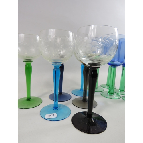 209 - 6 Bohemian hock glasses and 5 Scandanavian blue and green wine glasses