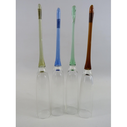 223 - 4 Multicoloured baseless champange flutes,