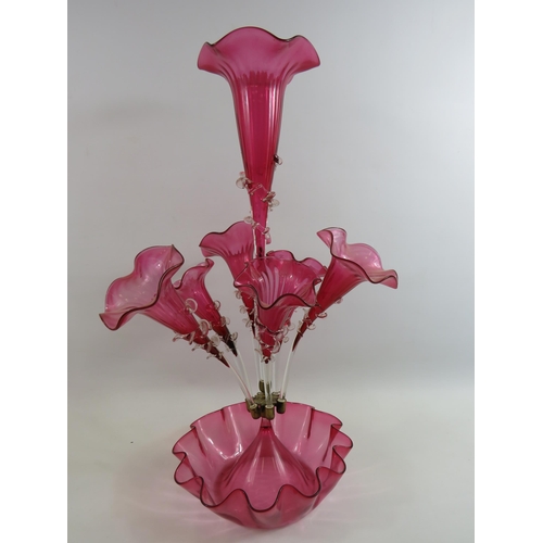 228 - Victorian cranberry glass epergne vase with 7 trumpets, approx 23