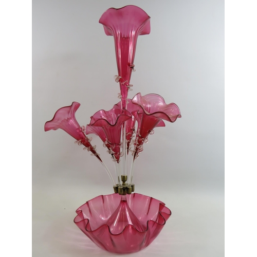 228 - Victorian cranberry glass epergne vase with 7 trumpets, approx 23