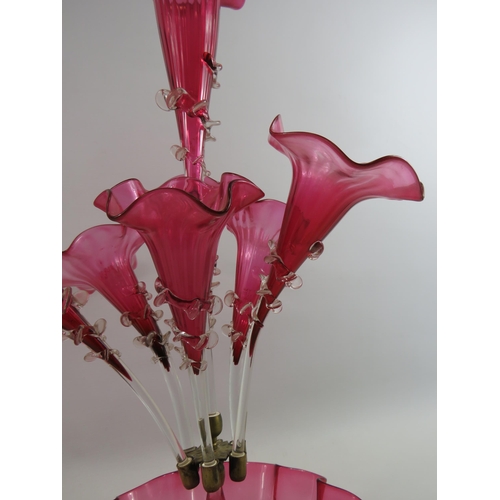 228 - Victorian cranberry glass epergne vase with 7 trumpets, approx 23