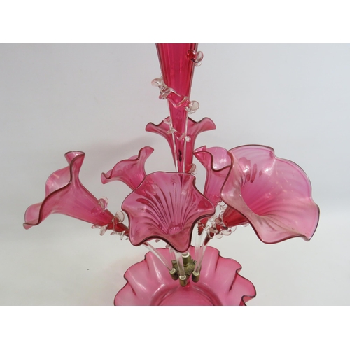 228 - Victorian cranberry glass epergne vase with 7 trumpets, approx 23