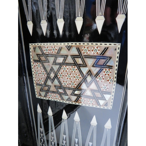 230 - Egyptian folding Chess/backgammon board lacquered with mother of pearl inlay.