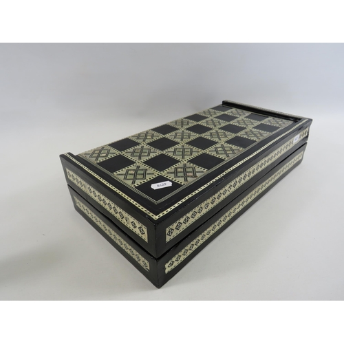 230 - Egyptian folding Chess/backgammon board lacquered with mother of pearl inlay.