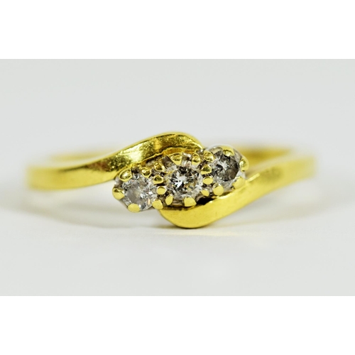 301 - 18ct Yellow Gold Diamond Trilogy Ring. Diamonds 1@ 0.10pt, 2@0.07pts    Finger size R  4.7g