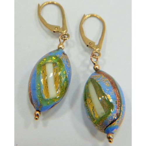 307 - Pair of Beautifully made glass earrings with 9ct yellow gold mounts.  Each 45mm long. See photos.