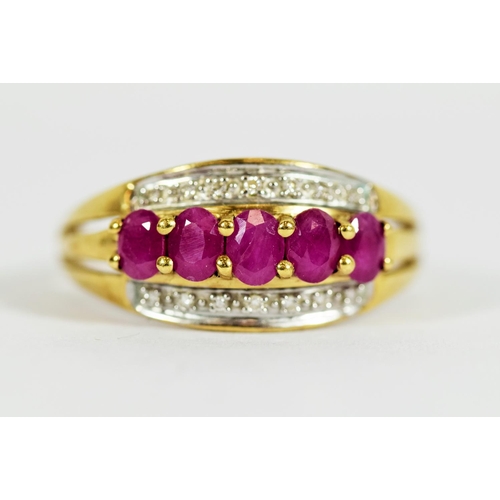 312 - 9ct Yellow Gold ring set with Five Rubies & Diamond Set Ring.  Finger size 'Q-5 to R'   2.5g