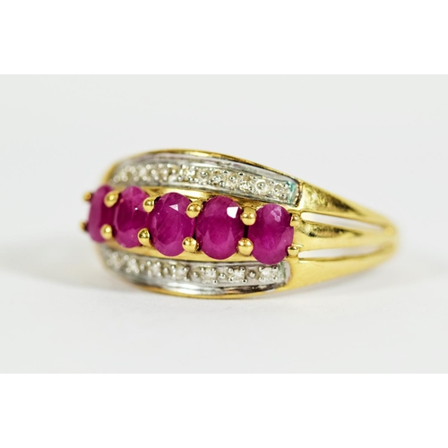 312 - 9ct Yellow Gold ring set with Five Rubies & Diamond Set Ring.  Finger size 'Q-5 to R'   2.5g