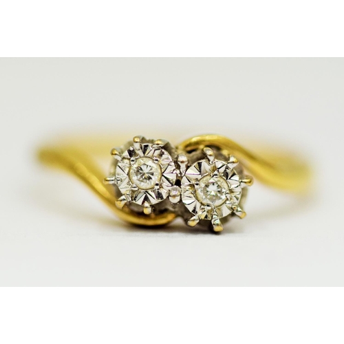 315 - 9ct Yellow Gold ring set with Twin Illusion set Diamonds of 0.05pts each.  Finger size 'O'   2.5g