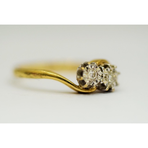 315 - 9ct Yellow Gold ring set with Twin Illusion set Diamonds of 0.05pts each.  Finger size 'O'   2.5g