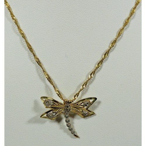 319 - 9ct Yellow Gold Dragonfly Marcasite pendant hung on an 18 inch, 9ct Yellow Gold twist Chain.   2.5g ... 