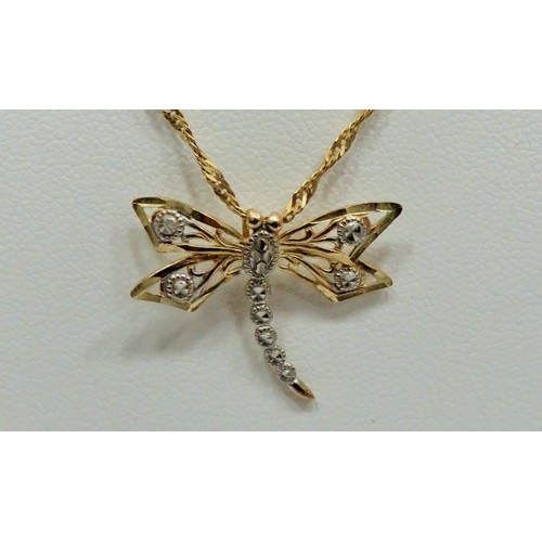 319 - 9ct Yellow Gold Dragonfly Marcasite pendant hung on an 18 inch, 9ct Yellow Gold twist Chain.   2.5g ... 