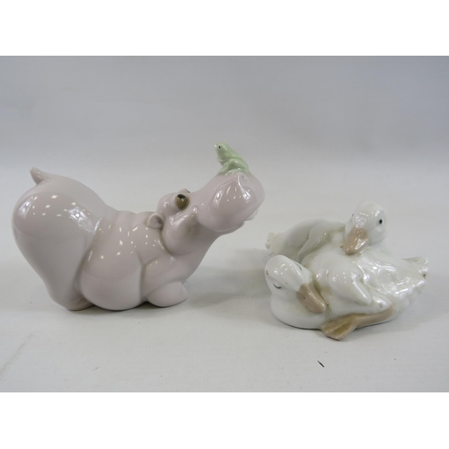 265 - 2 Nao figurines, hippo with frog on his nose and two ducks.