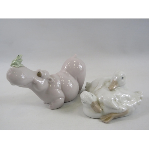 265 - 2 Nao figurines, hippo with frog on his nose and two ducks.