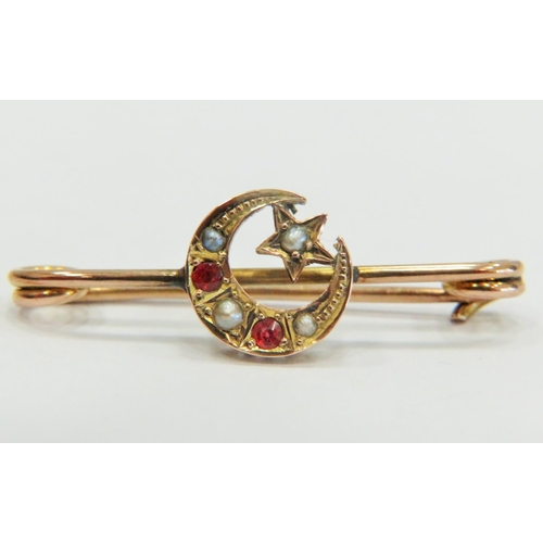 337 - Vintage 9ct Yellow Gold Crescent Brooch set with seed Pearls & Rubies. 1.9g  comes with it�s origina... 