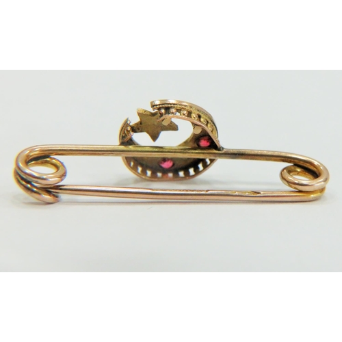 337 - Vintage 9ct Yellow Gold Crescent Brooch set with seed Pearls & Rubies. 1.9g  comes with it�s origina... 