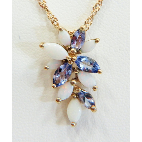 359 - 9ct Opal and Tanzanite set leaf pendant (25mm) set upon a 20 inch double link 9ct chain. Total weigh... 