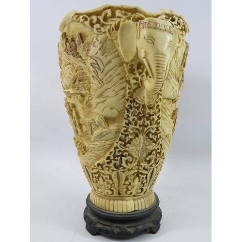 285 - Large asian hand carved resin vase with elephant handles, approx 12