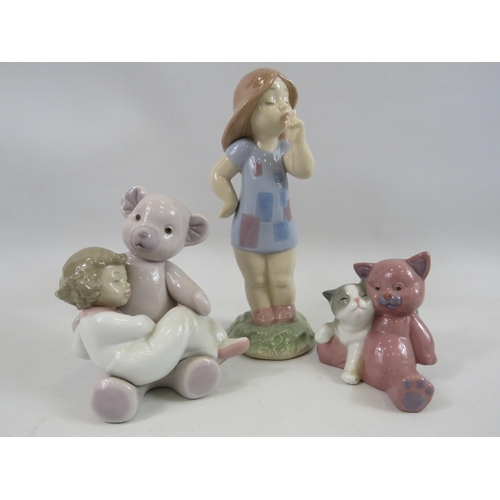 286 - 3 Nao figurines, Teddy bear with girl, Cat with teddy etc.