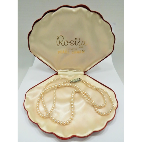 373 - Double string Faux pearls with marcasite clasp in original shell shaped box by Rosita.  See photos.