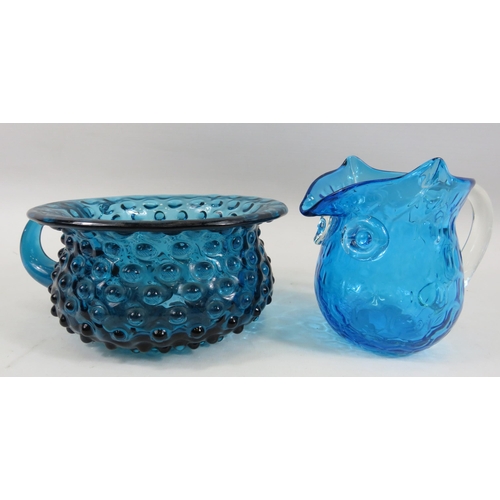 507 - King fisher blue hobnail bowl and a jug in the form of a Owl.