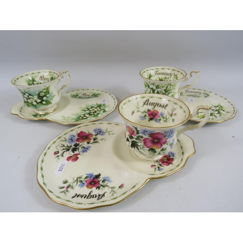 514 - 3 Royal Albert flowers of the month tennis cups and saucers.