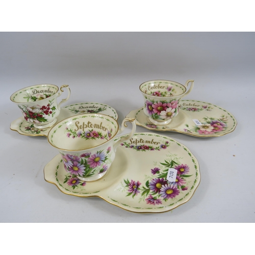 515 - 3 Royal Albert flowers of the month tennis cups and saucers.