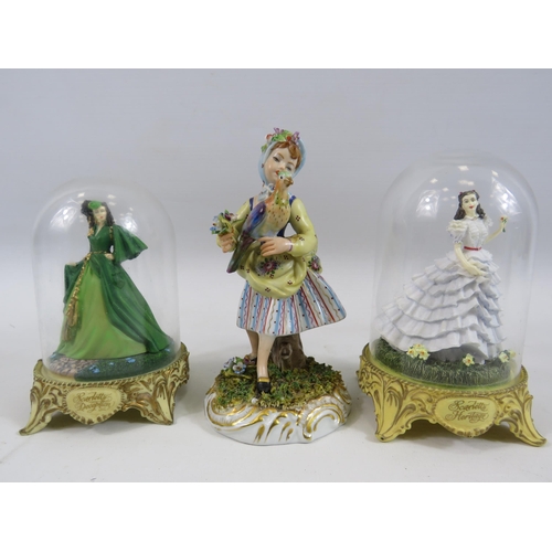 516 - 2 Figurines in Domes, Gone with the wind plus a continental figurine ( tail of bird missing)