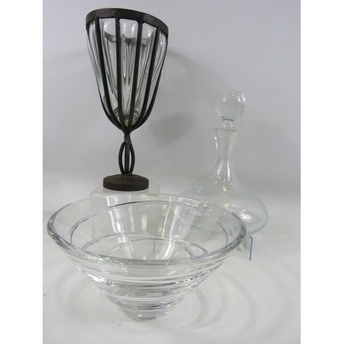 521 - Stuart crystal bowl, ship decanter and a cast metal and glass vase.