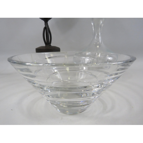 521 - Stuart crystal bowl, ship decanter and a cast metal and glass vase.