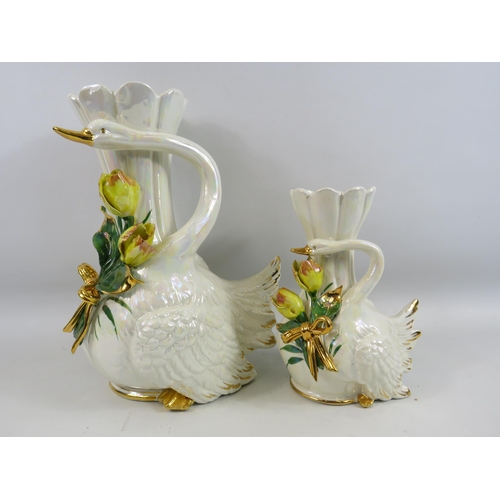 522 - 2 Italian lustre swan vases with applied yellow flowers, the tallest stands 13.5