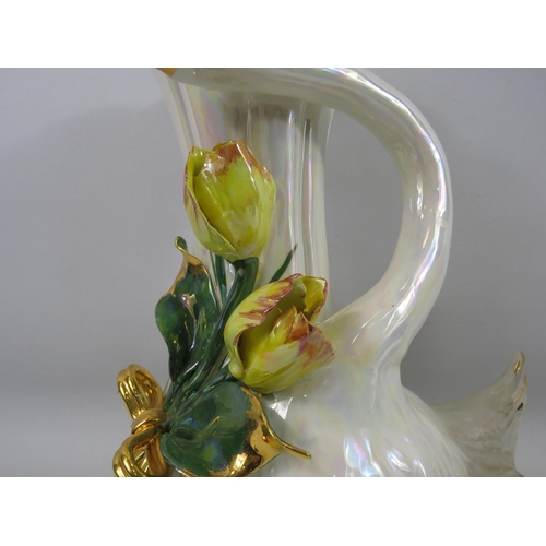 522 - 2 Italian lustre swan vases with applied yellow flowers, the tallest stands 13.5