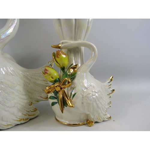 522 - 2 Italian lustre swan vases with applied yellow flowers, the tallest stands 13.5