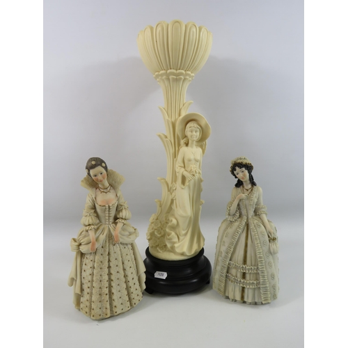 526 - 2 Vintage Italian figurines and a centerpiece flower display figurine. The tallest measures 18.5