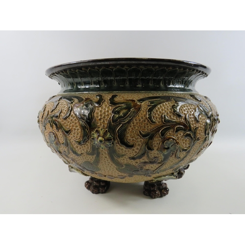 596 - Very large antique c1886 Doulton Lambeth jardinere planter, staple repairs. 11.5