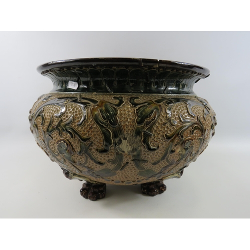 596 - Very large antique c1886 Doulton Lambeth jardinere planter, staple repairs. 11.5