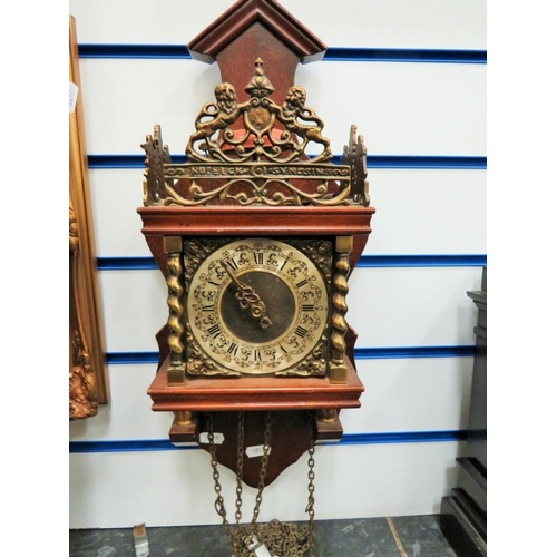 986 - Pretty Wood and Brass weight driven wall clock. Runs but would need weights to make good.  Consider ... 