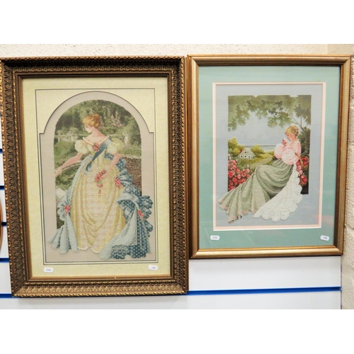 988 - Two Framed under glass Beadwork pictures of a lady in period costume plus one other . Largest 24 x 1... 