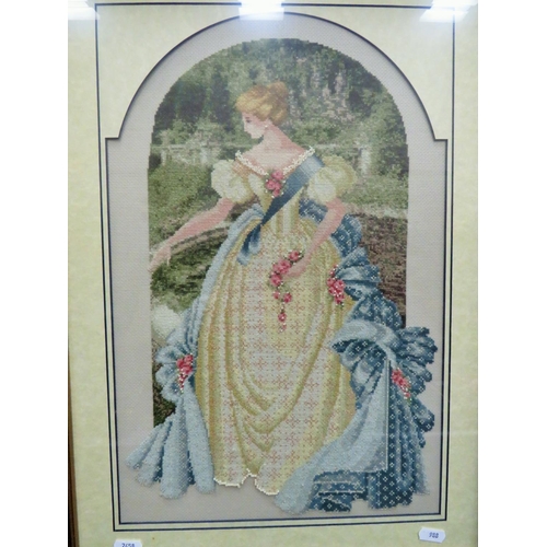 988 - Two Framed under glass Beadwork pictures of a lady in period costume plus one other . Largest 24 x 1... 