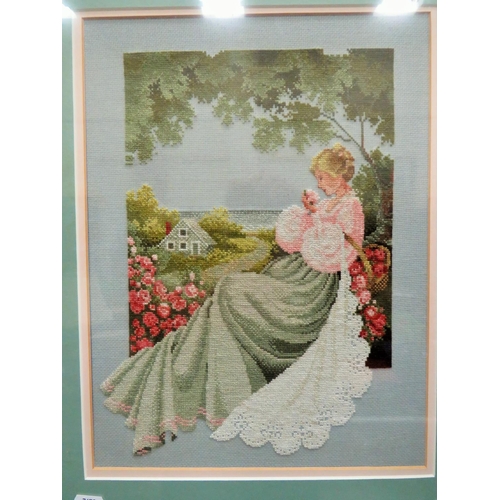 988 - Two Framed under glass Beadwork pictures of a lady in period costume plus one other . Largest 24 x 1... 