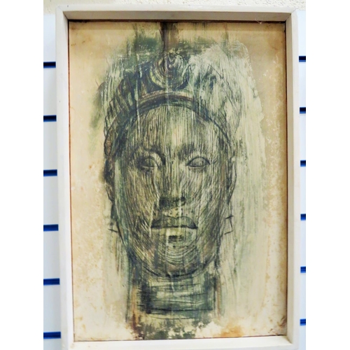 995 - Lovely painting of an African Tribal Lady with headress in monochrome. Simple wooden frame measures ... 