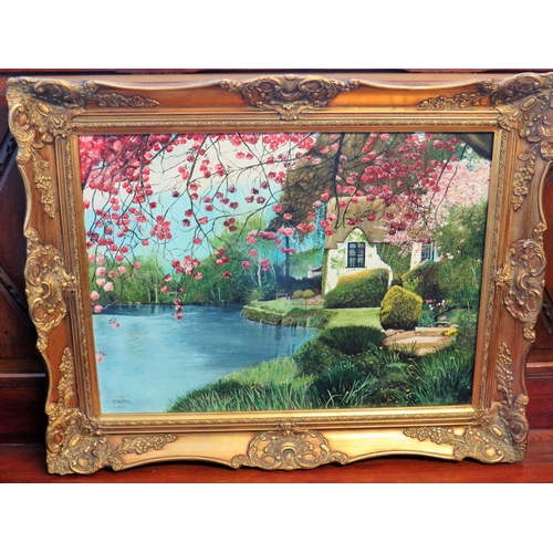 997 - Beautifully painted Oil on Canvas of an Idyllic Riverside Cottage.  Bears the Signature and Date:  C... 