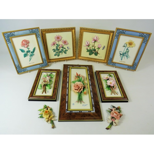 31 - Four M&S Hand painted resin wall plaques together with Framed Capodimonte floral displays.   See pho... 