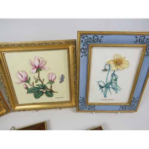 31 - Four M&S Hand painted resin wall plaques together with Framed Capodimonte floral displays.   See pho... 